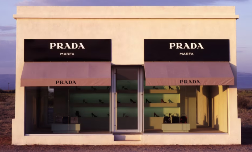 Prada Marfa permanent artistic installation located in the middle of the Chihuahua desert, 37 miles from Marfa.