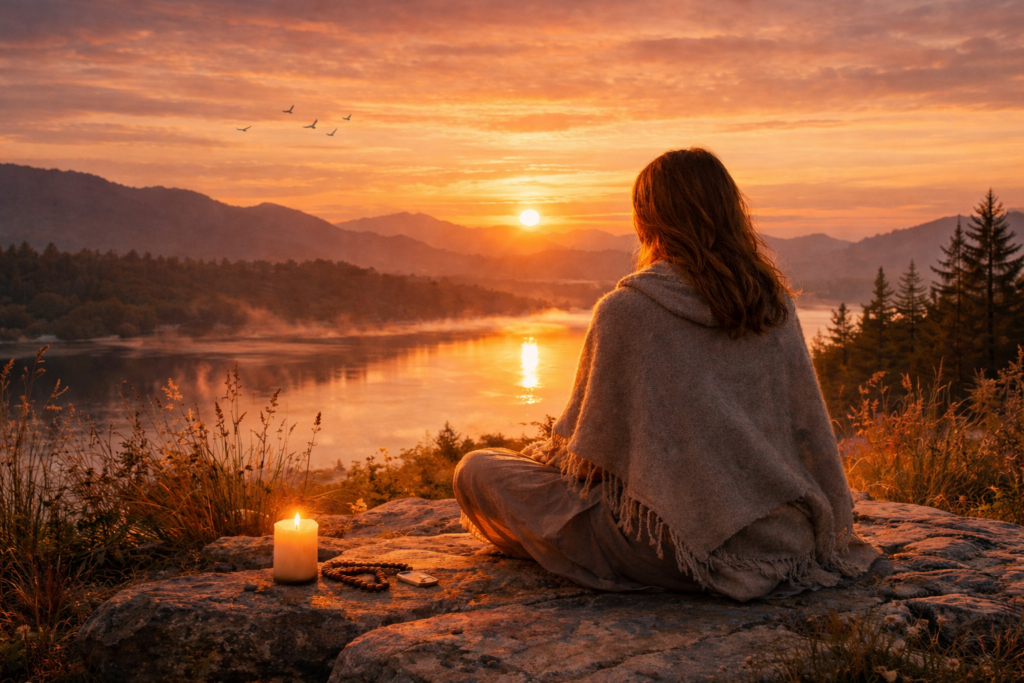 Peaceful woman meditating at sunset on a cliff overlooking a tranquil lake, candlelight glowing beside her, symbolizing spiritual awakening and self-reflection.