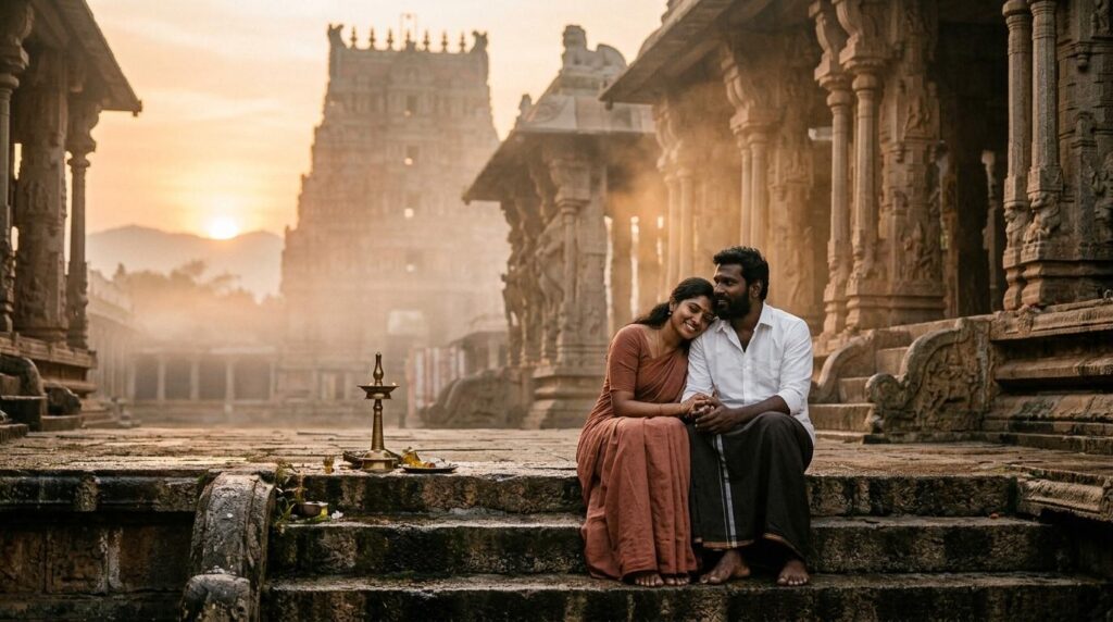 Couple sharing a quiet moment near Indian temple architecture, symbolizing presence and meaningful connection.