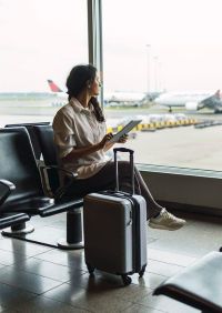 Traveler quietly waiting at an airport gate before beginning a journey