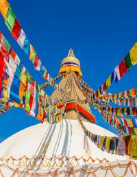 Prayer flags and sacred temples in Kathmandu, Nepal, where spirituality and everyday life coexist.